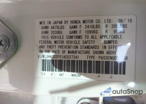 2010 Acura Tsx 2.4 from USA, damaged, VIN JH4CU2F61AC037341